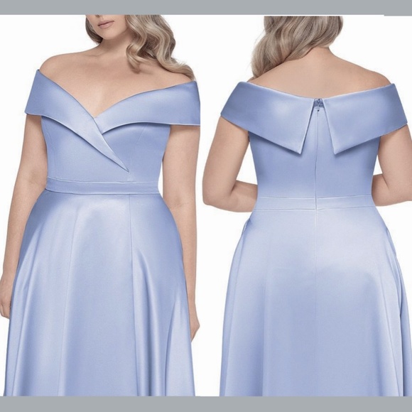 NWT $299 XSCAPE Satin Off Shoulder Ball Gown in Sky Blue [PLUS SZ 18W ]‎ - Picture 2 of 12